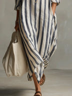 Women's striped midi shirt dress, loose fit V-neck with three-quarter sleeves