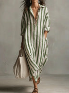Women's striped midi shirt dress, loose fit V-neck with three-quarter sleeves