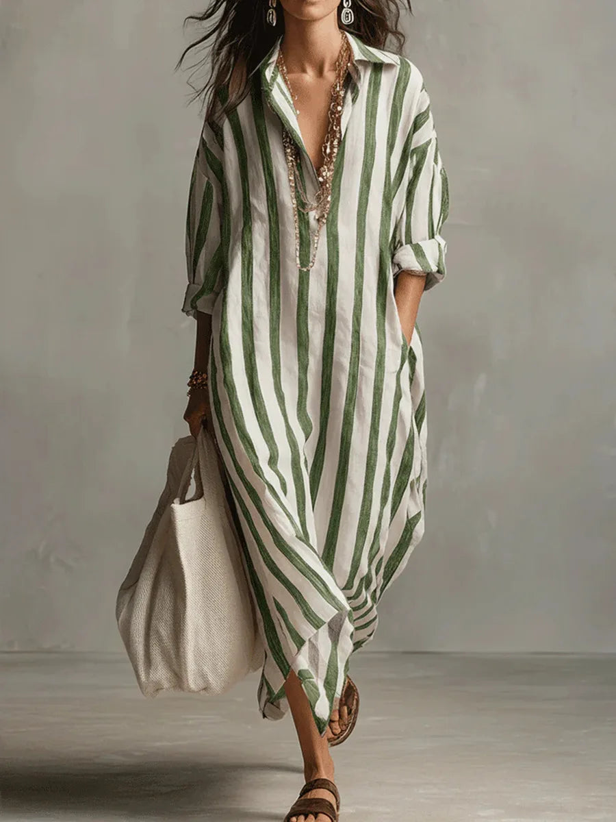 Women's striped midi shirt dress, loose fit V-neck with three-quarter sleeves