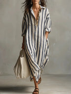 Women's striped midi shirt dress, loose fit V-neck with three-quarter sleeves