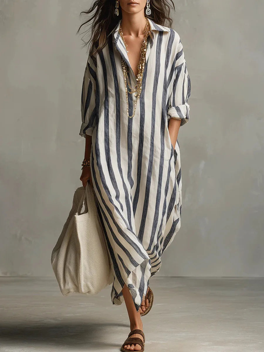 Women's striped midi shirt dress, loose fit V-neck with three-quarter sleeves