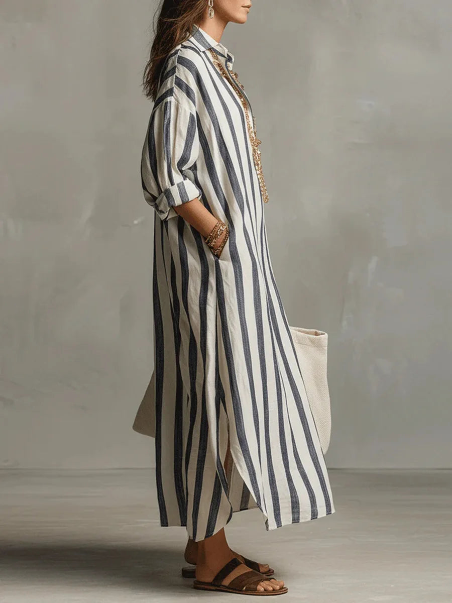 Women's striped midi shirt dress, loose fit V-neck with three-quarter sleeves