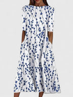 Women's floral midi dress with round neckline, stretchy fabric, available in blue and green