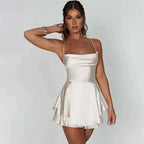 Women satin halter dress in white red and green