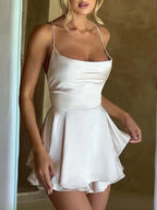 Women satin halter dress in white red and green