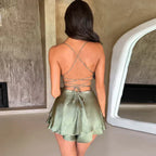 Women satin halter dress in white red and green