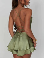 Women satin halter dress in white red and green
