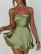 Women satin halter dress in white red and green