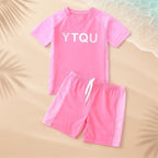 Kids 2 piece quick dry swimsuit unisex in pink and blue
