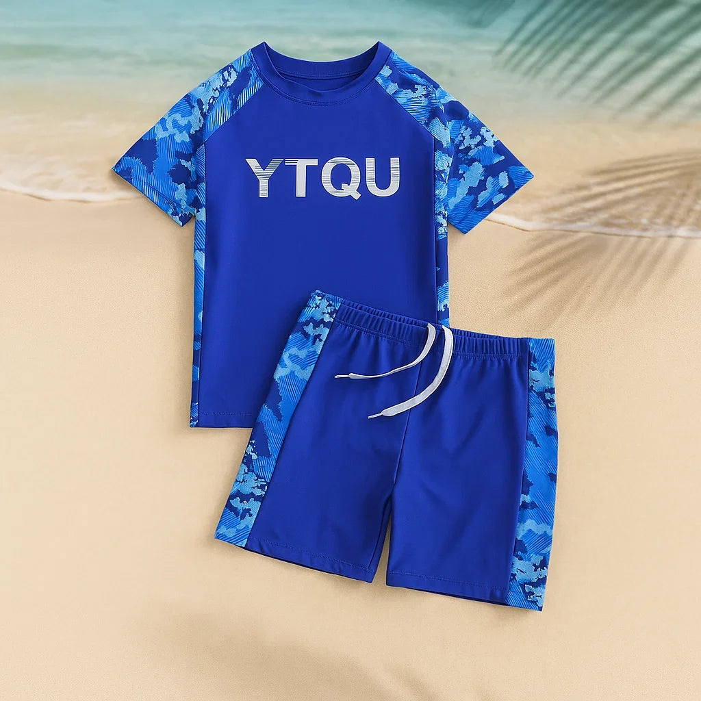 Kids 2 piece quick dry swimsuit unisex in pink and blue