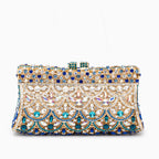 Crystal evening clutch bag gold and blue rhinestone ornament pattern, women's formal clutch