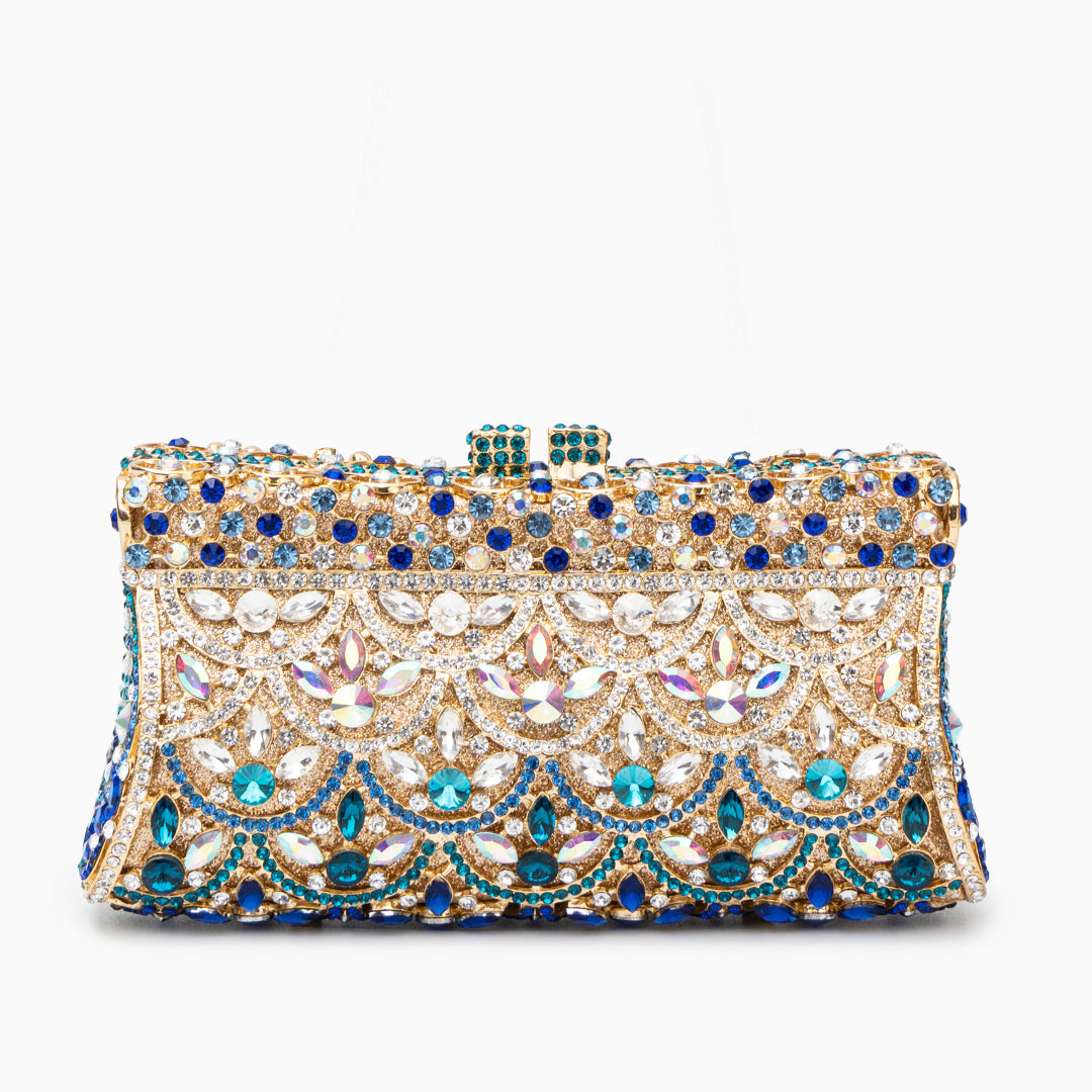 Crystal evening clutch bag gold and blue rhinestone ornament pattern, women's formal clutch