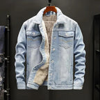 Unisex denim jacket wind resistant with soft interior lining in light blue dark blue and black