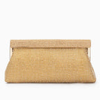 Gold evening clutch bag with crystal embellishments and snap closure