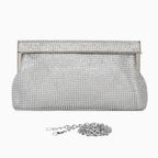 Gold evening clutch bag with crystal embellishments and snap closure