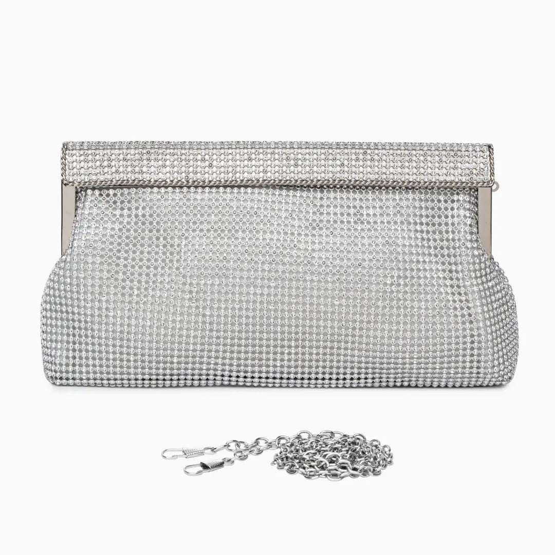 Gold evening clutch bag with crystal embellishments and snap closure