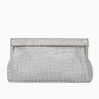 Gold evening clutch bag with crystal embellishments and snap closure