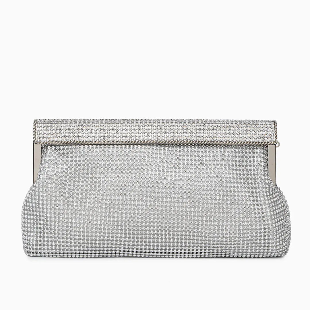 Gold evening clutch bag with crystal embellishments and snap closure