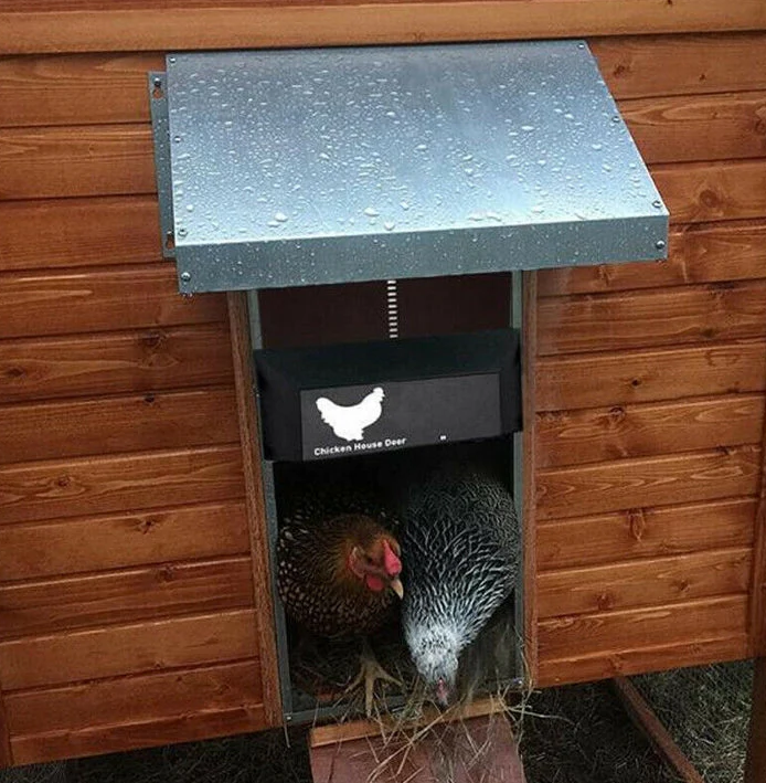 Automatic chicken coop door system solar battery powered brown green red