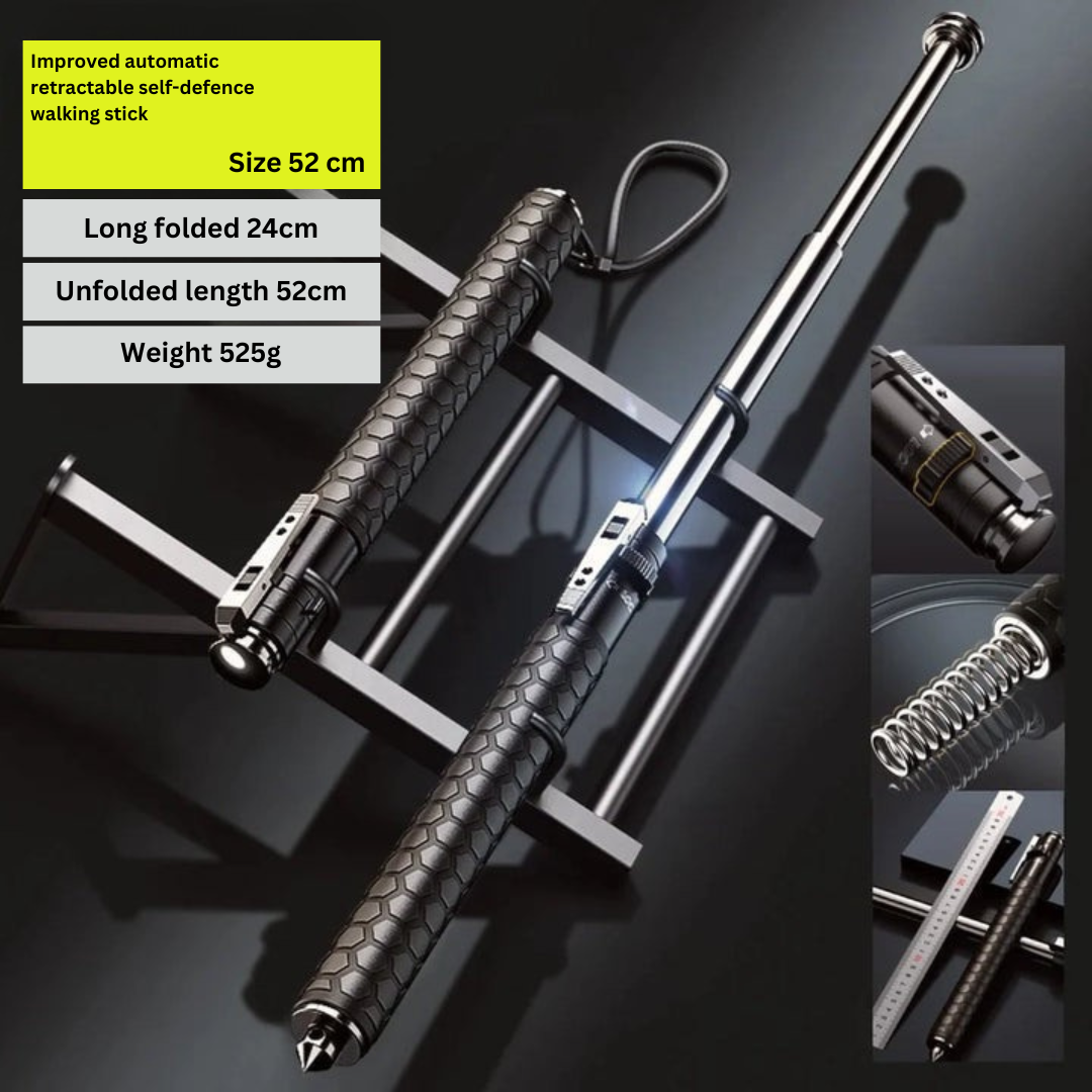 Self-defense walking stick with one-click mechanism and anti-slip grip, alloy urban safety cane