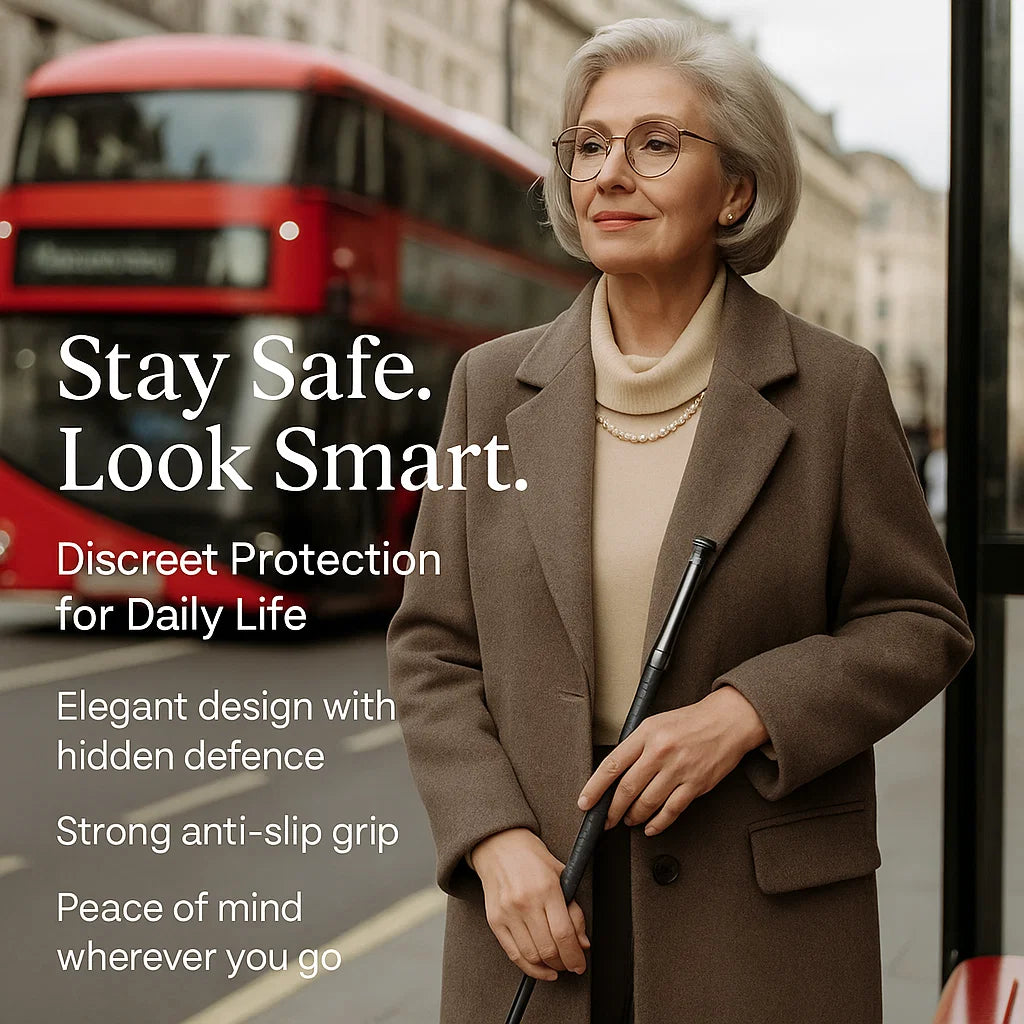 Self-defense walking stick with anti-slip grip and one-click mechanism, alloy urban safety