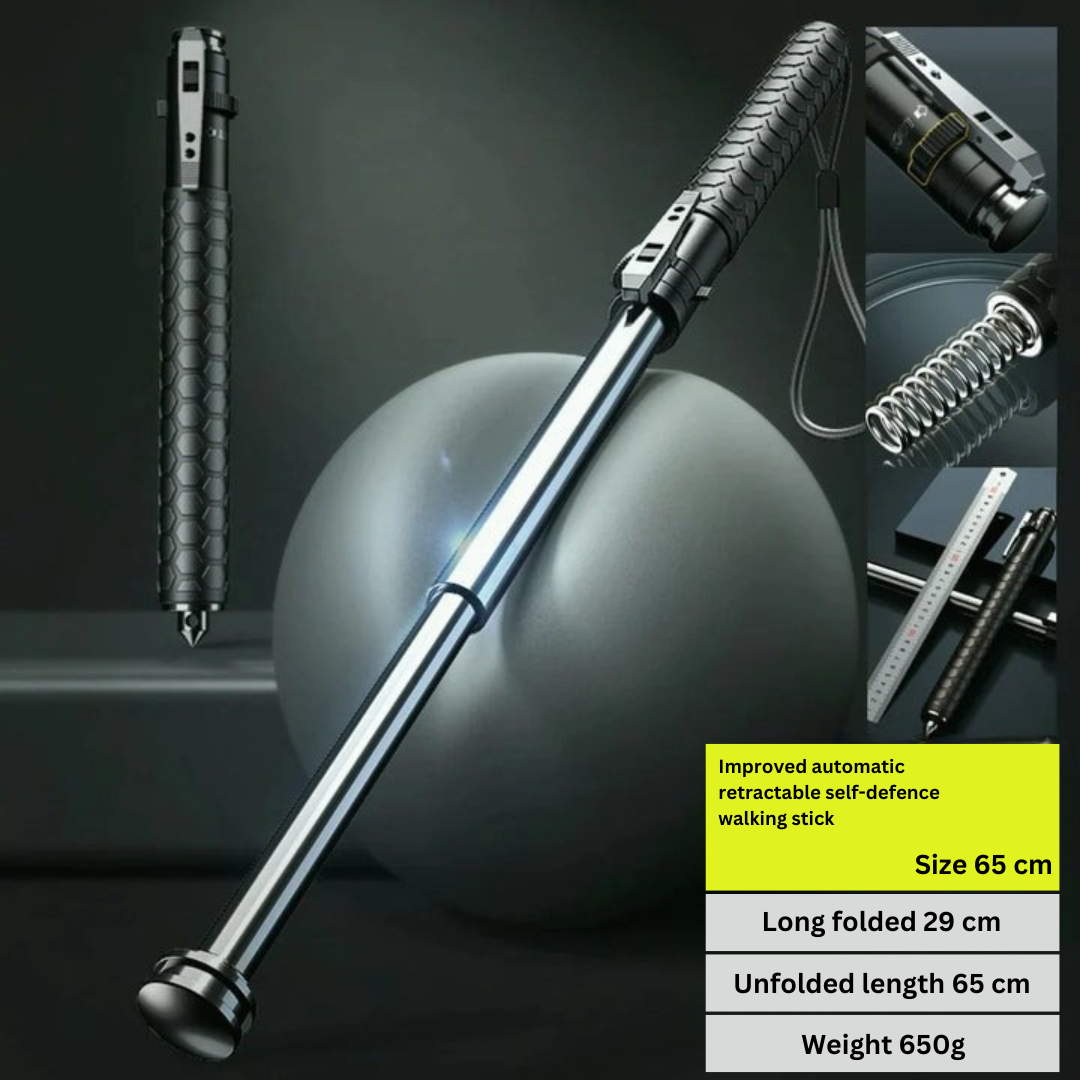 Self-defense walking stick with one-click mechanism and anti-slip grip, alloy urban safety cane