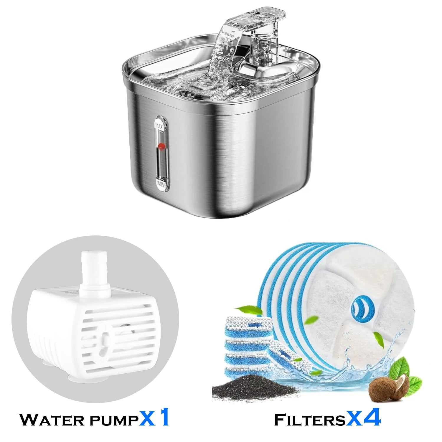 Stainless steel cat water fountain 73oz with triple filtration and quiet pump