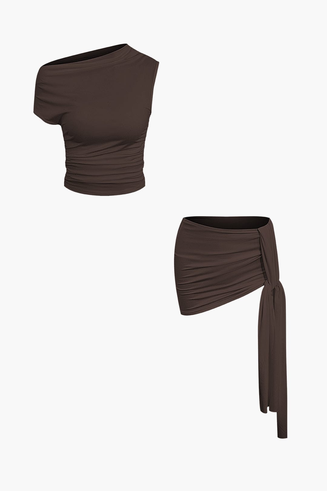 Women's two-piece set with one-shoulder top and draped mini skirt, asymmetric knot detail