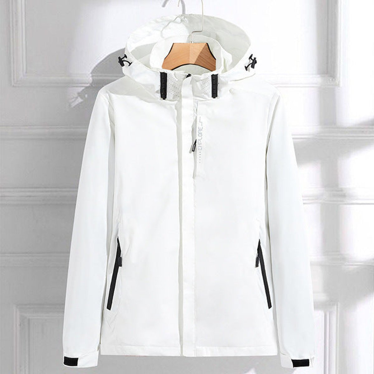 Women waterproof hooded rain jacket relaxed fit with zip pockets