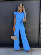 Women's wide leg jumpsuit with butterfly sleeves and belt, elegant summer one-piece