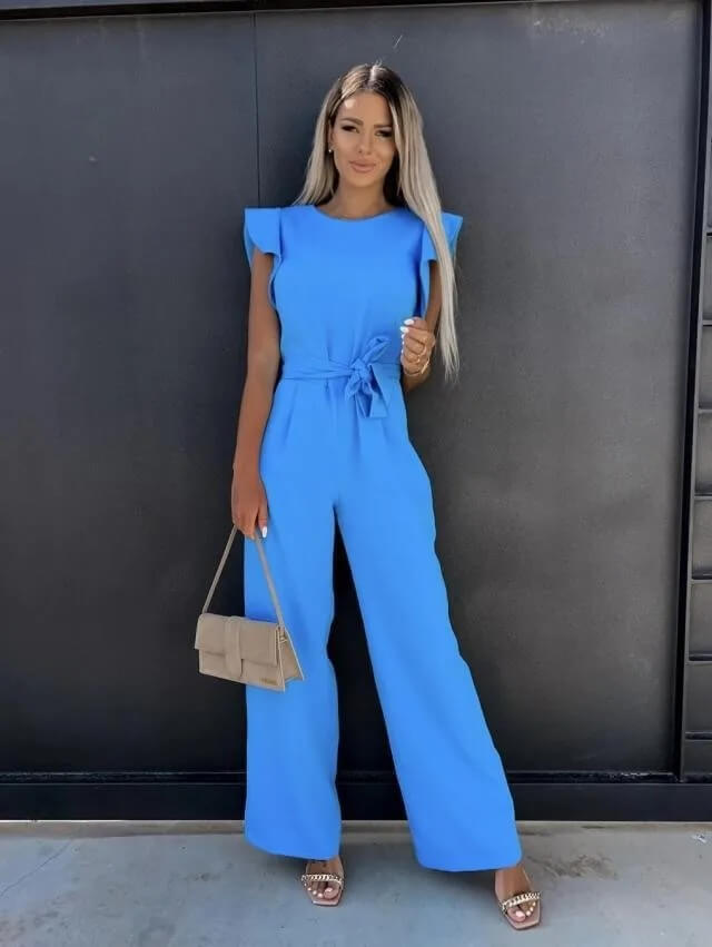 Women's wide leg jumpsuit with butterfly sleeves and belt, elegant summer one-piece