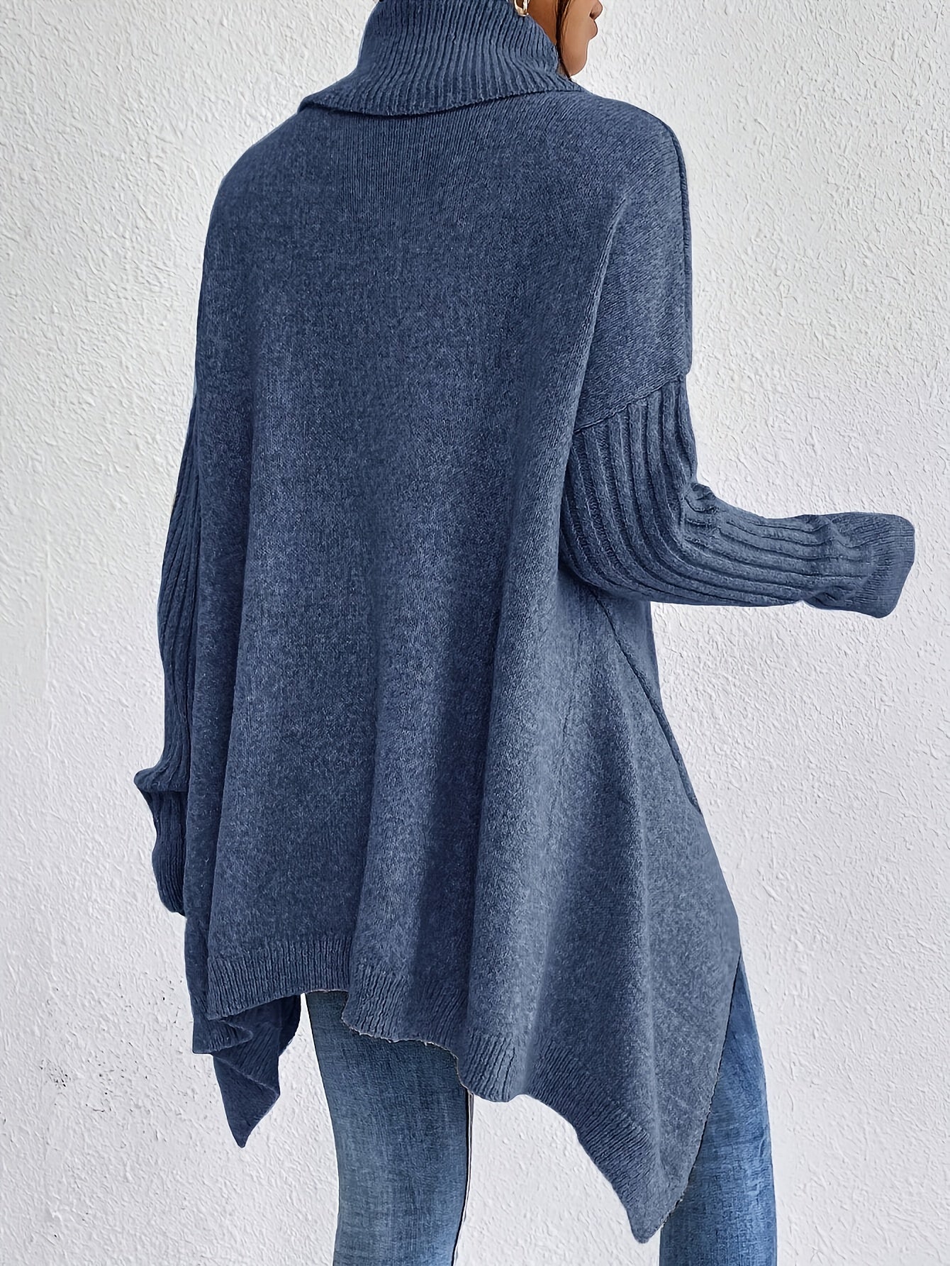 Women knit sweater high neck asymmetric hem relaxed fit