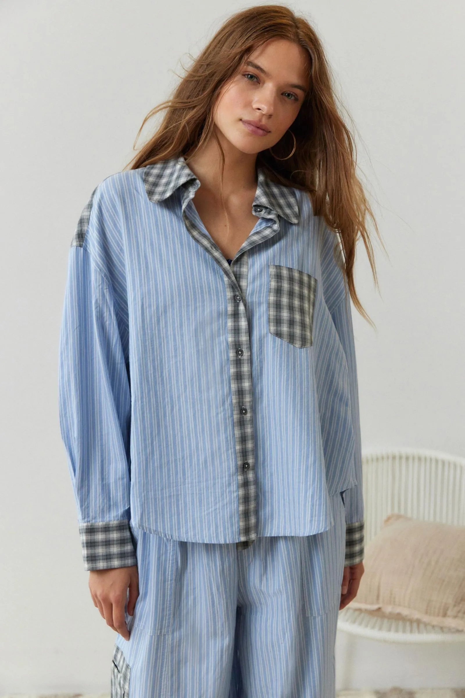 Women's two-piece soft cotton stretch pajama set in pink and blue, relaxed lounge fit