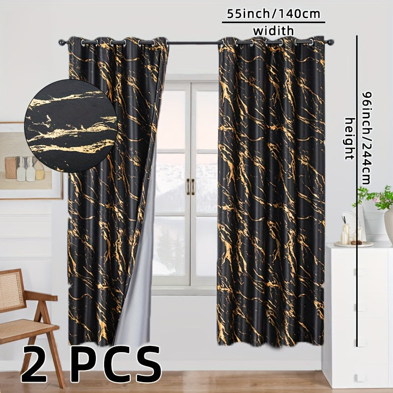 2 Pack Blackout Curtains Gold Foil Marble Grommet Top for Bedroom Living Room