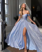 Women off shoulder maxi dress with glitter details flowing silhouette