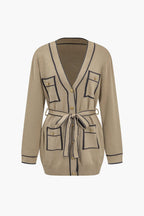Women 2 piece knit cardigan wide leg pants set with gold buttons and waist belt