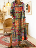 Women's denim dress with ethnic patchwork detail, loose fit boho summer style