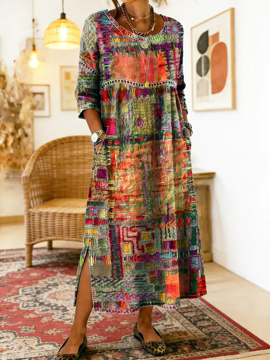 Women's denim dress with ethnic patchwork detail, loose fit boho summer style