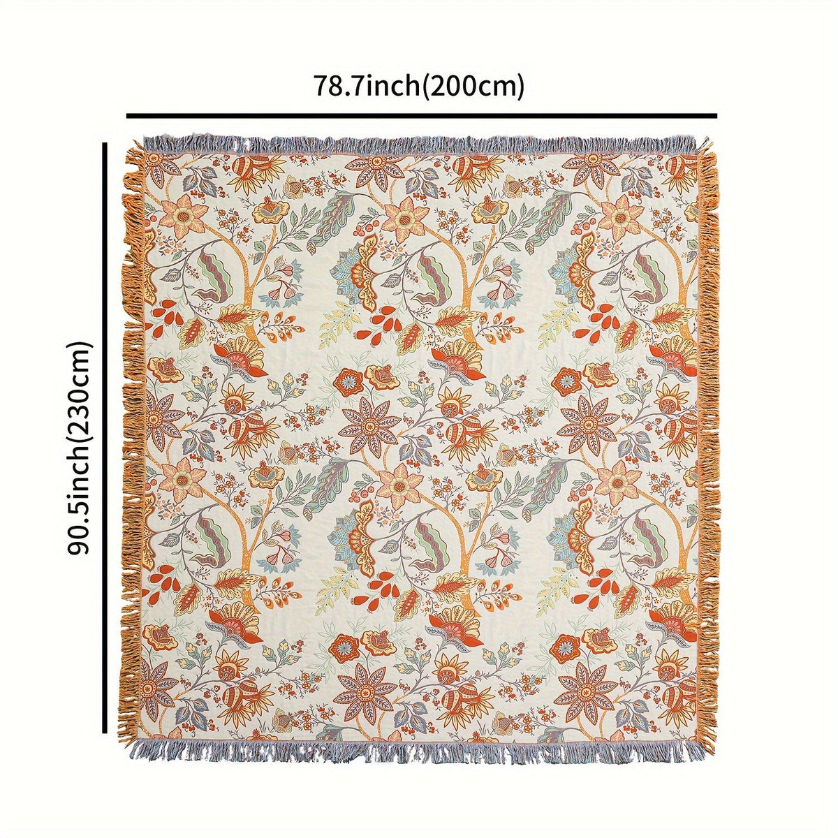 Bohemian cotton throw blanket with tassel fringe and floral jacquard pattern, cream white, 200x230cm