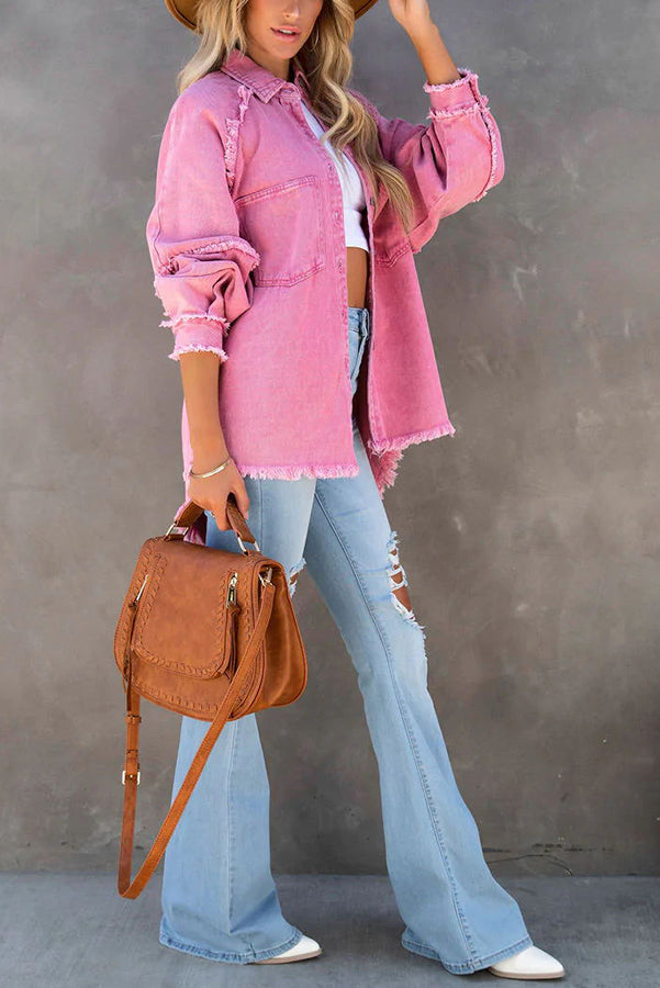 Women oversized denim jacket with fringe detail and button-front closure