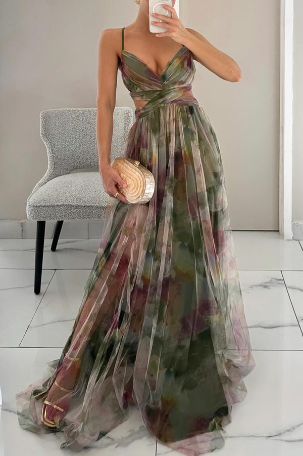 Women floral maxi dress open back with crossover front and thin straps
