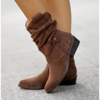 Women suede ankle boots low block heel slouch cuff side zip