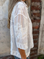 Women lace embroidered blouse in white, delicate floral embroidery feminine top