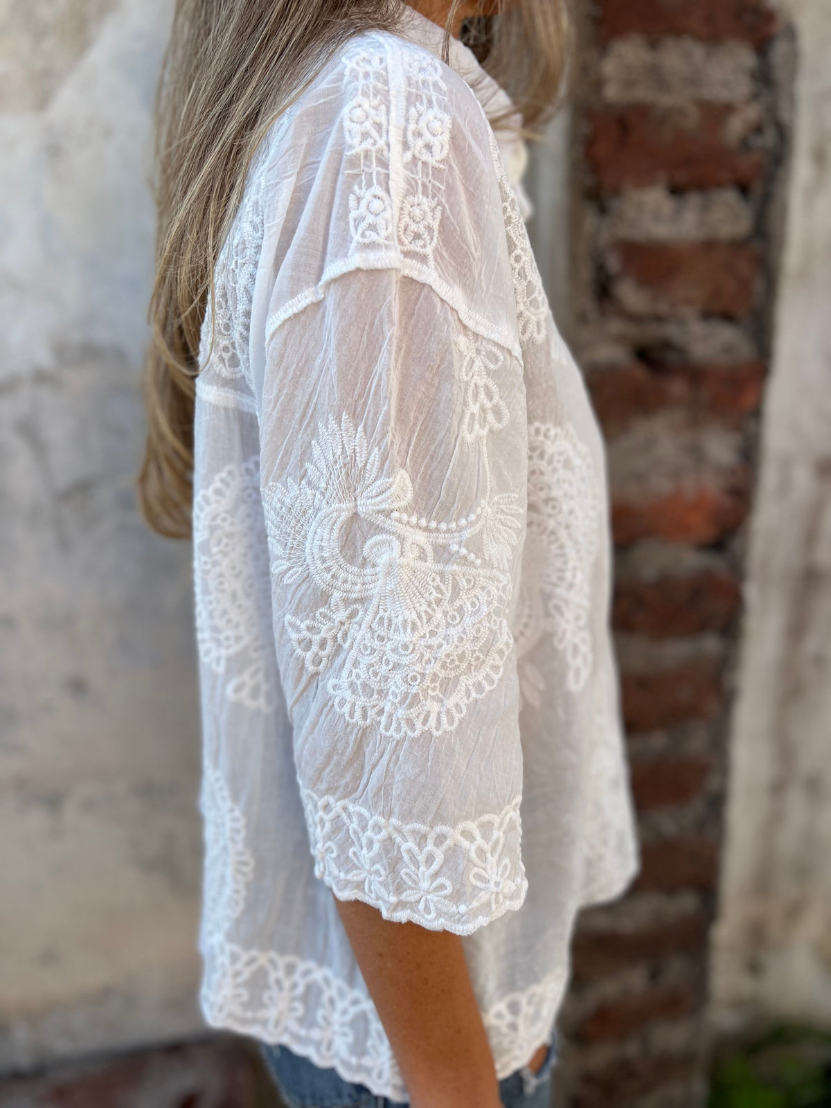 Women lace embroidered blouse in white, delicate floral embroidery feminine top