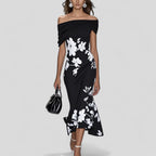 Midi dress with fitted silhouette, floral details and flared ruffle hem