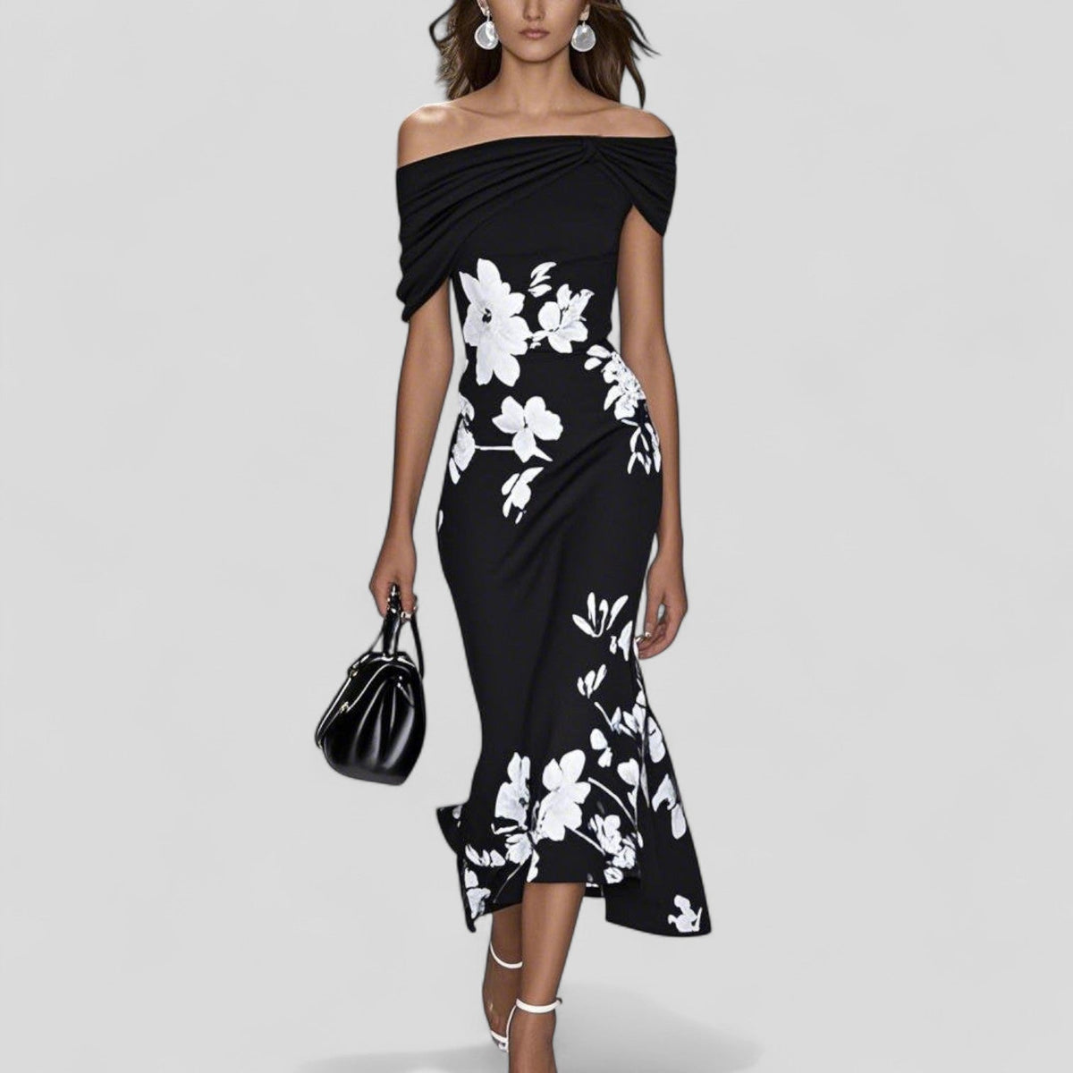 Midi dress with fitted silhouette, floral details and flared ruffle hem