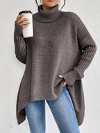 Women knit sweater high neck asymmetric hem relaxed fit