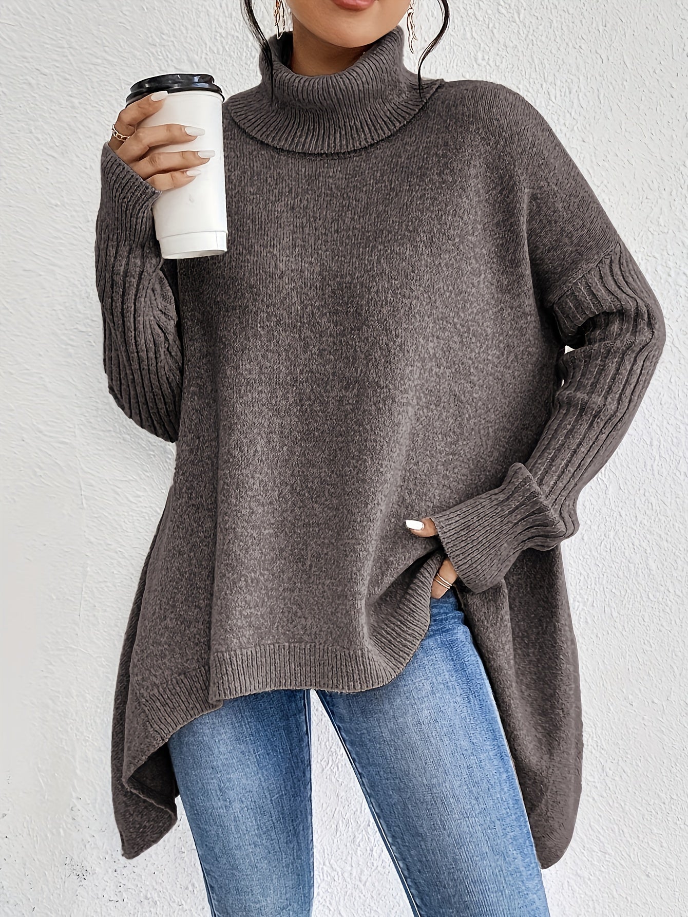 Women knit sweater high neck asymmetric hem relaxed fit