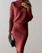 Women 2 piece knit turtleneck sweater and slim skirt set in multiple colors