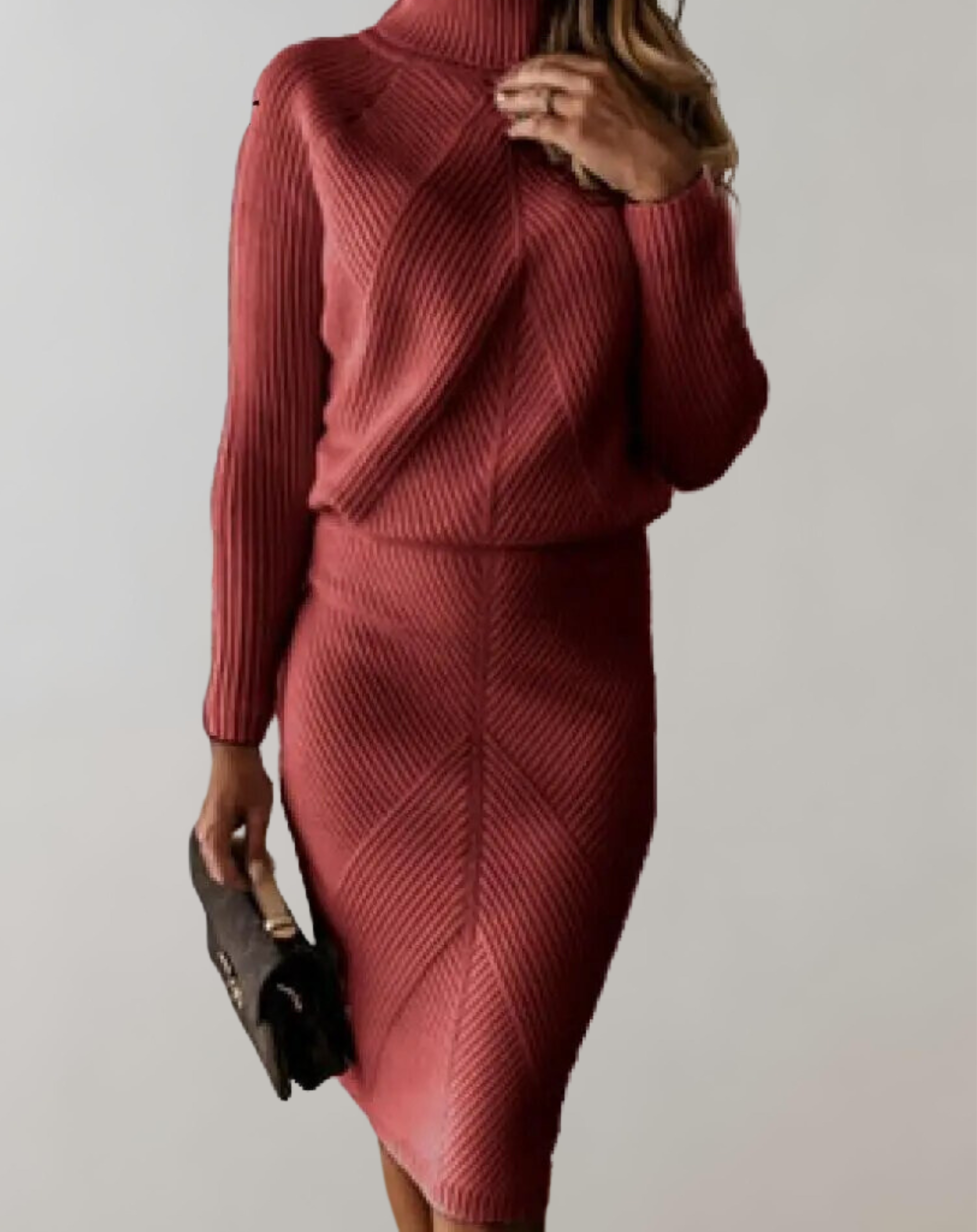 Women 2 piece knit turtleneck sweater and slim skirt set in multiple colors